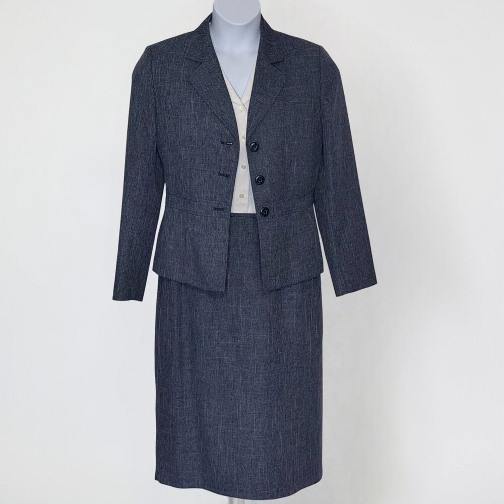 Le Suit Blue Textured Skirt Suit 3 Button Jacket Career Pencil Vintage Y2K Sz 10